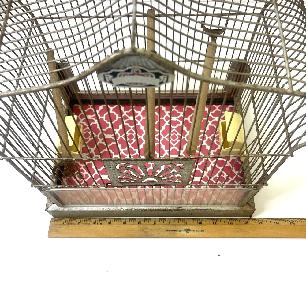 Vintage CROWN Wire Bird Cage w Original Feeder Trays &‎ Slide Tray Hang Hook